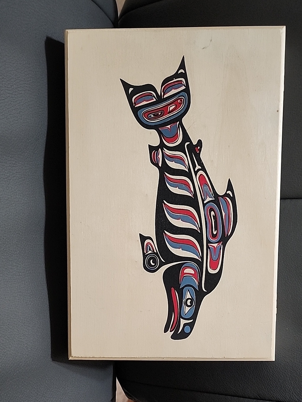 Abstract Tribal fish wooden hinge box - Black, Red & Blue